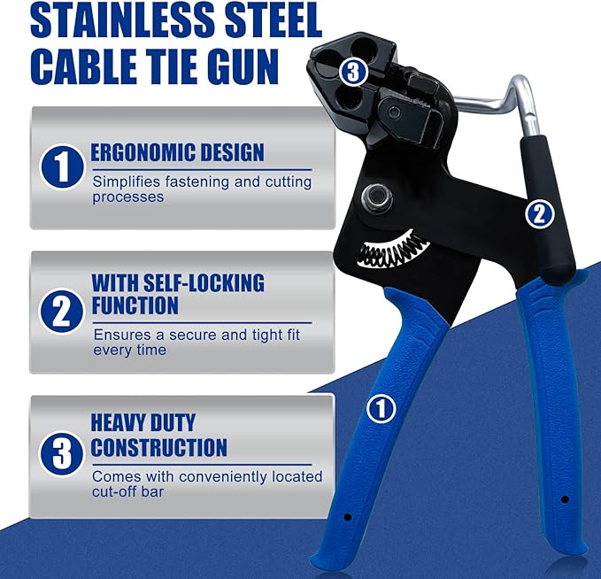 Metal Zip Ties Tool Gun - Trivd Frol One Hand Operation Metal Cable Tie Gun for Fastening Cutting Stainless Steel Zip Ties, Comes With 100pcs Self-Locking Metal Zip Ties Heavy Duty Outdoor, Scissors