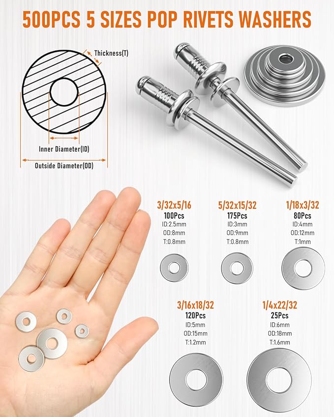 INCLY 1000PCS Aluminum Pop Rivets Assortment Kit, 14 Sizes Pop Rivets (3/32" 1/8" 5/32" 3/16" 1/4") with 5 Size 304 Stainless Steel Backup Washers, Assorted Blind Rivets for Metal with Storage Case