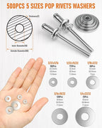 INCLY 1000PCS Aluminum Pop Rivets Assortment Kit, 14 Sizes Pop Rivets (3/32" 1/8" 5/32" 3/16" 1/4") with 5 Size 304 Stainless Steel Backup Washers, Assorted Blind Rivets for Metal with Storage Case