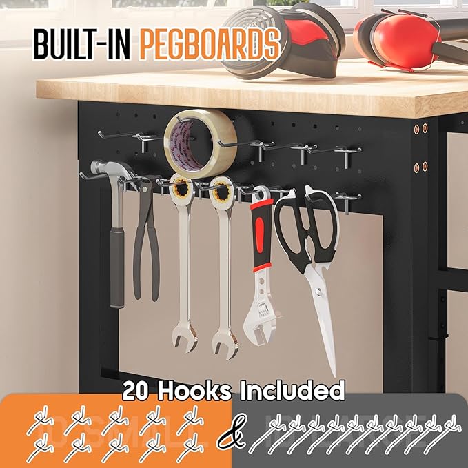 SPECRAFT Adjustable 2-Tier Workbench with 4 AC Outlet and 2 USB Ports Power Outlets, 2000 Lbs Capacity Heavy Duty Workbench, Rubber Wood Top for Garage, Workshop, Office（48x20in）