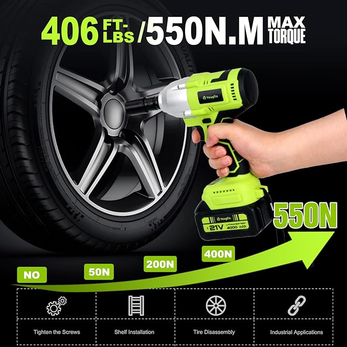 Yougfin Cordless Impact Wrench 1/2 with 550N.M High Torque & Brushless Motor, Power Impact Gun with Li-ion 4.0Ah Battery - Ideal for Automotive Repairs, Home Improvement, Green & Black