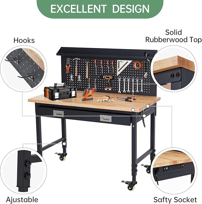 48'' Adjustable Workbench, Heavy Duty Workbench with Drawer and Backplate, 2000 LBS Capacity Work Table with Power Outlet and Lockable Wheels, Suitable for Office, Garage, Workshop