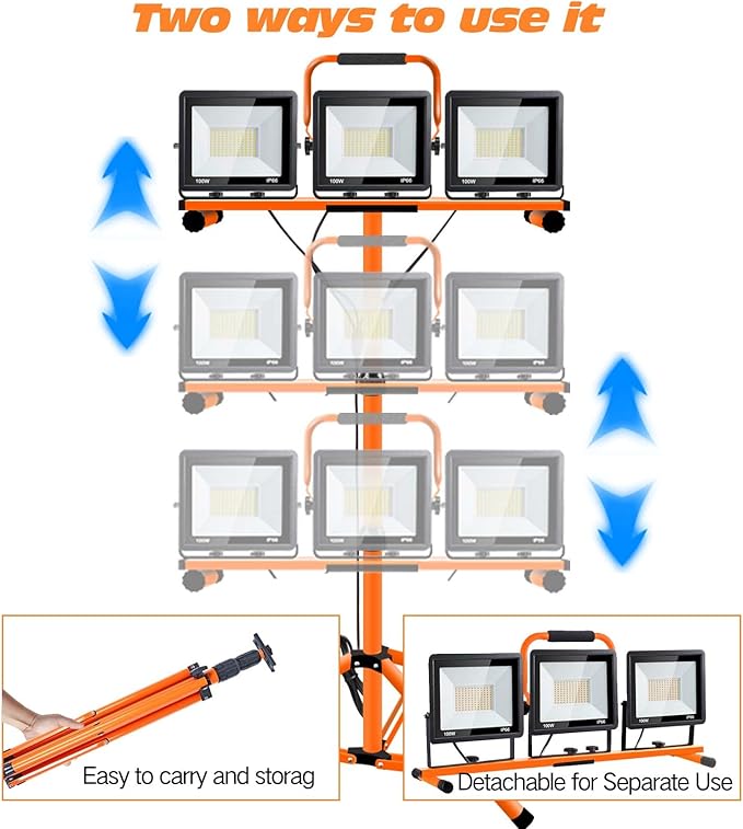 21000 Lumen Work Lights with Stand, 3 Adjustable Head LED Work Light, Foldable Tripod Stand, Waterproof Lamp with 6500 Kelvin Color Temperature (3 Adjustable Head)