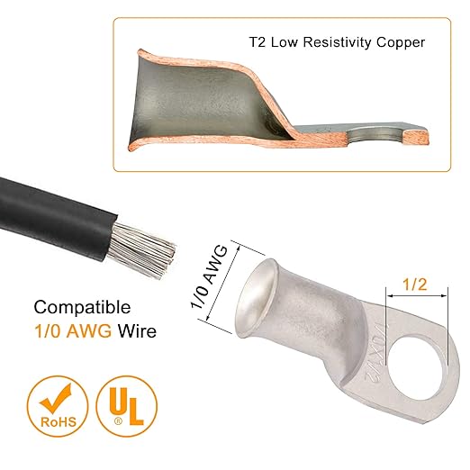 0 Gauge Tinned Copper Lugs 10 PCS 1/0 AWG - 1/2'' Cable Lugs UL Listed Terminals 1/0 Gauge Wire Lugs Battery Cable Ends 10 PCS Heavy Duty Closed End Crimp Copper Lugs with 10 PCS 3:1 Heat Shrink Tube
