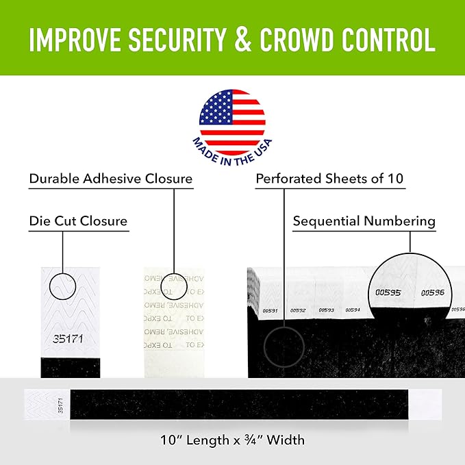 1,000 WristCo Black Tyvek Wristbands for Events - Comfortable Tear Resistant Paper Bracelets ID Wrist Bands for Concerts Festivals Admission Party Identification