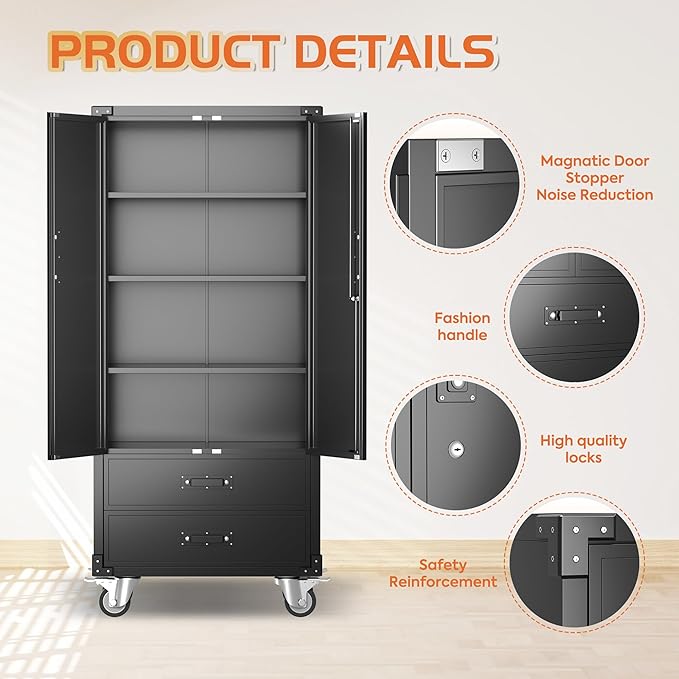 Aobabo Garage Metal Storage Cabinet with Wheels, Lockable Steel Storage Cabinet with 2 Large Drawer and 3 Adjustable Shelves, for Home, Office, Classroom, Black, Assembly Required