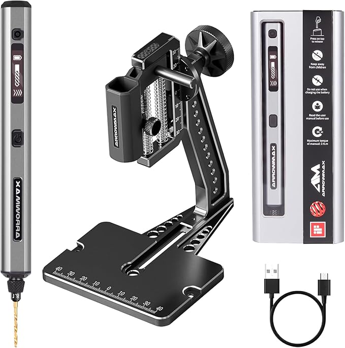AM ARROWMAX Mini Electric Drill Pen with Benchtop Press, 5-Speed, 10 Small Drill Bits with Aluminium Box, LED Lights, OLED Display, Resin Drill Set For Jewelry Making, Plastic, Wood (SDS PLUS)