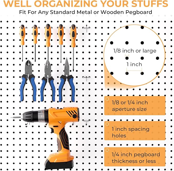 INCLY 50 Pack Pegboard Hooks, 4 Inch Metal Peg Board Hooks Accessories, Peg Board Tool Hangers Fit for 1/8“ and 1/4" Pegboard Hanging Tools for Garage, Craft Room, Kitchen, Store