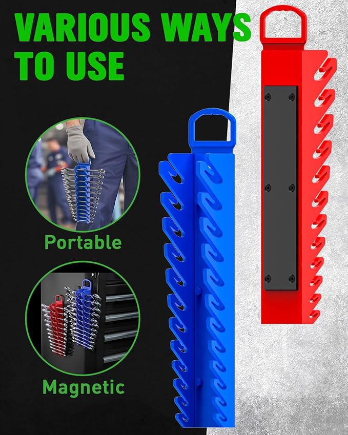 SWANLAKE 2-Piece Magnetic Wrench Organizer Toolbox Holder, SAE (1/4'' to 15/16''), Metric (6mm to 24mm) Ratchet Wrench Organizers, Total Hold 24 Slots Wrenches Holder for Tool Box