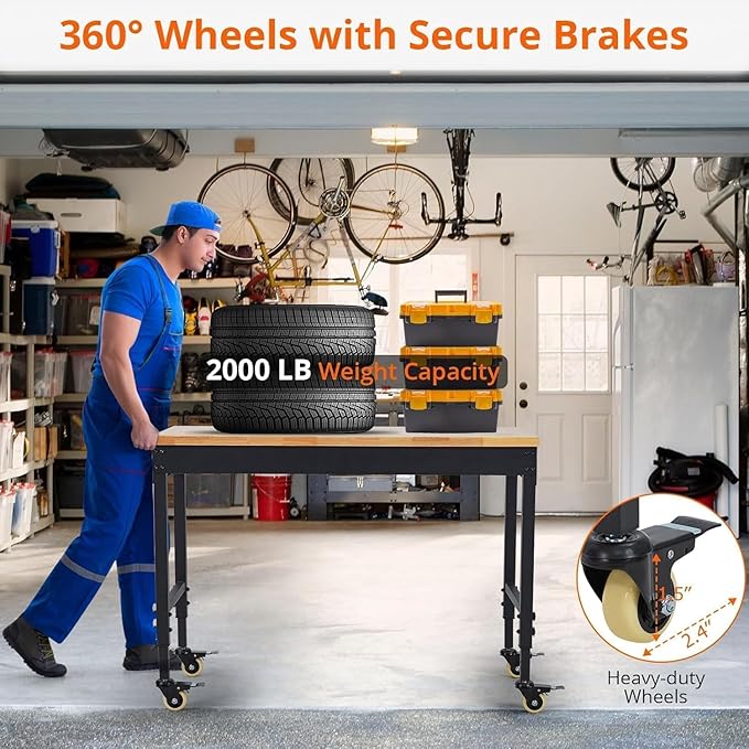48x24 Inch Garage Workbench with Wheels, Adjustable Rubber Wood Top Garage Workbench with Power Outlet, 2000 Lbs Load Capacity, for Workshop, Woodworking, Office, Home.
