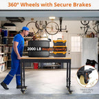 48x24 Inch Garage Workbench with Wheels, Adjustable Rubber Wood Top Garage Workbench with Power Outlet, 2000 Lbs Load Capacity, for Workshop, Woodworking, Office, Home.