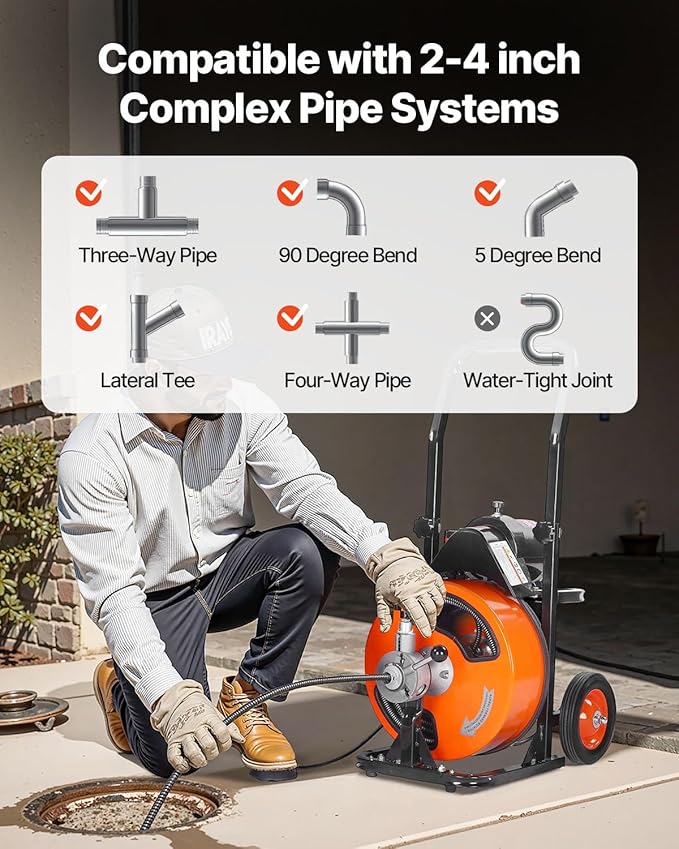 VEVOR Drain Cleaning Machine 50 FT x 3/8 Inch, Sewer Snake Machine Auto Feed, Drain Auger Cleaner with 4 Cutter & Air-Activated Foot Switch for 1" to 4" Pipes, Orange, Black