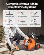 VEVOR Drain Cleaning Machine 50 FT x 3/8 Inch, Sewer Snake Machine Auto Feed, Drain Auger Cleaner with 4 Cutter & Air-Activated Foot Switch for 1" to 4" Pipes, Orange, Black