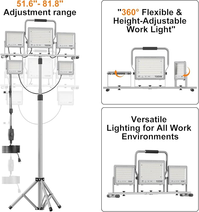 31000Lumen LED Work Light 260w with Tripod Stand Work Lights 5 Head Portable Work Light with Anti-Glare Lenses,19.7ft Power Cord, Height Adjustable, IP66 for Job Site, Garage, Outdoor Use