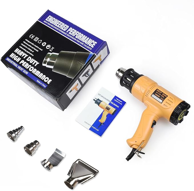 SEEKONE Heat Gun 1800W 122℉-1202℉（50℃- 650℃）Fast Heating Heavy Duty Hot Air Gun Kit Variable Temperature Control Overheat Protection with 4 Nozzles for Crafts, Shrinking PVC, Stripping Paint(5.2FT)