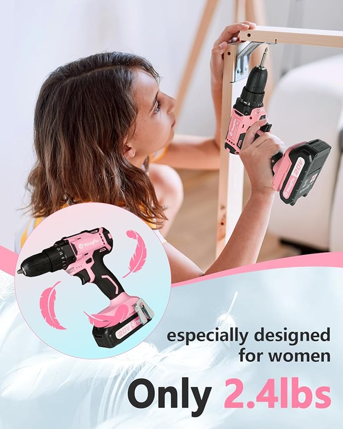 Yougfin Cordless Drill Set, 20V Power Drill Driver With Battery & Charger, 3/8'' Keyless Chuck, Variable Speed, 25+1 Torque Setting, Pink & Black