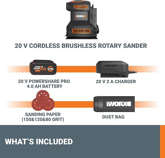 Worx 20V Cordless Random Orbital Sander, Brushless, 150/120/80 Grit Sanding Paper, Cordless Orbital Sander with 1 x 4.0 Ah Battery and 1 X 2 A Fast Charger, WX823L