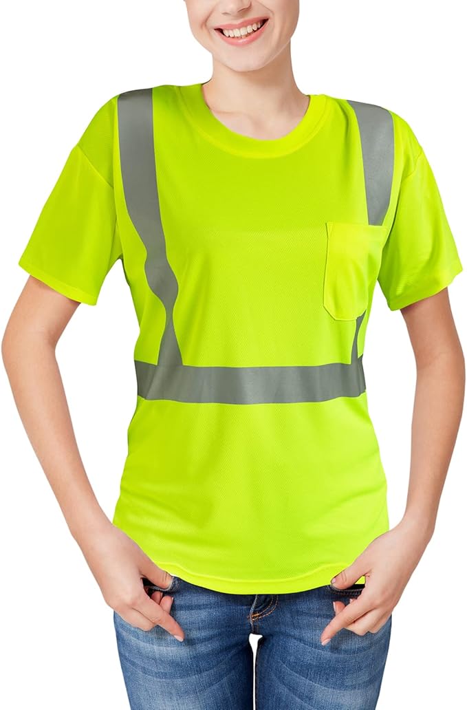 High Visibility Shirts Quick Dry Safety T Shirts with Reflective Strips and Pocket Short Sleeve Mesh Hi Vis Construction Work Class 2 Shirt for Men/Women Lime,XL