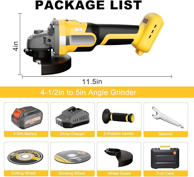 Cordless Angle Grinder Compatible with Dewalt 20V MAX Battery, 9600RPM Brushless Metal Grinder Tool, 4-1/2 Inch, w/4.0Ah Battery, Kickback Brake, 3 Vairable Speed, Slide Switch, Auxiliary Handle
