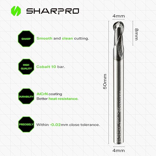 Carbide Ball Nose End Mill 2 Flute 4mm SHK. 4mm Cutting Dia. 3D Carving, High-Speed and Deep Cutting, AlCrN Coated, Apply for Alloy Steel, Stainless Steel and Various Cast Iron.