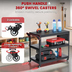 3-Tier Rolling Workbench Heavy Duty Adjustable Metal Tool Work Table with Side Pegboard, Wheels & Push Handle Mobile Workstation for Garage, Warehouse, Kitchen