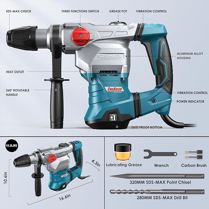 ENEACRO SDS-Max Heavy-Duty Rotary Hammer Drill 9 Ft.lbs, 3 Functions with Safety Clutch & Vibration Control 1-9/16" Drilling Capacity in Concrete– Includes Chisel, Drill Bit, and Tool Bag