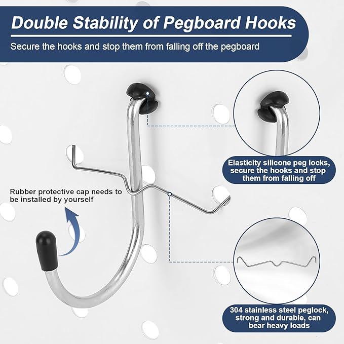 17-in-1 Pegboard Hooks Assortment - 143 Pcs 14 Sizes Peg Board Organizer Accessories Kit with 6 Pegboard Bins, 30 Silicone & 42 Stainless Steel Peg Hook Locks for 1/4" and 1/8" Pegboards Hanging Tools