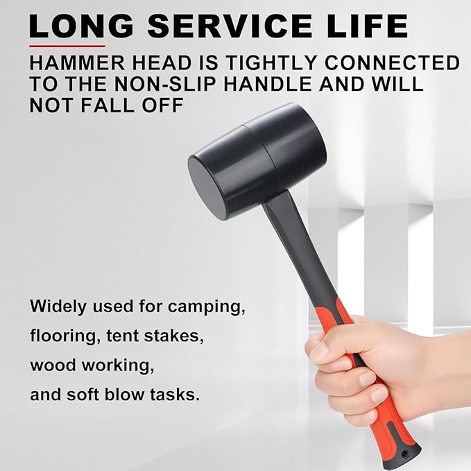 Rubber Mallet 16 oz, Durable Rubber Hammer Head with Fiberglass Handle, Great for Flooring, Tent Stakes, Camp Trips, Woodworking, DIY Projects Home Decoration and Soft Blow Tasks without Damage