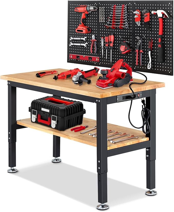 Adjustable Height Work Bench 48 x 20 Workbench for Garage Work Table with Under Table Shelf for Shop Woodworking, Heavy Duty Rubber Wood Top for Office, Home, Commercial