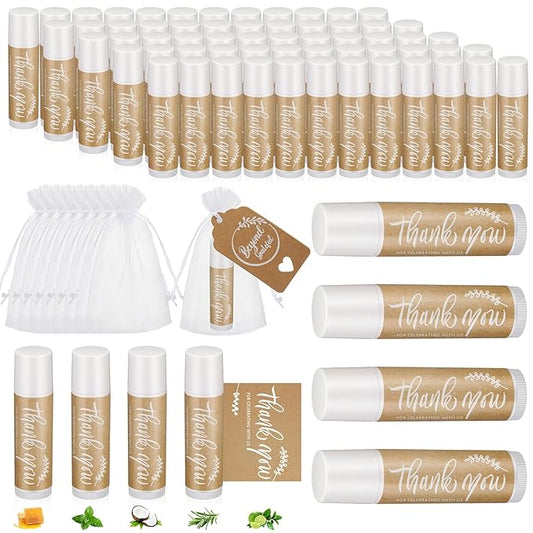 100 Set Thank You Lip Balm Bulk Small Natural Moisturizing Mini Lip Balm with Organza Bag and Card for Baby Wedding Bridal Shower Thank You Favors Bridesmaid Gifts Women Guests-VeraVaultWomen