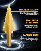 COMOWARE Step Drill Bit Set 5-Piece Titanium-Coated with Automatic Center Punch - Short Length, Double Cutting Blades, High-Speed Steel - Covering 50 Sizes, Complete with Aluminum Case