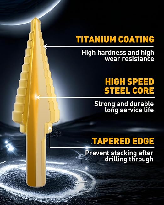 COMOWARE Step Drill Bit Set 5-Piece Titanium-Coated with Automatic Center Punch - Short Length, Double Cutting Blades, High-Speed Steel - Covering 50 Sizes, Complete with Aluminum Case