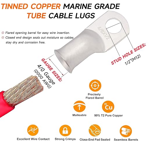 0000 Gauge Tinned Copper Cable Lugs 8 PCS 4/0 AWG-1/2(M12) Ring Terminal Heavy Duty Wire Lugs Battery Lugs, 8 PCS 4/0 Guage terminals Battery Cable Ends Connectors with 8 PCS 3:1 Heat Shrink Tube