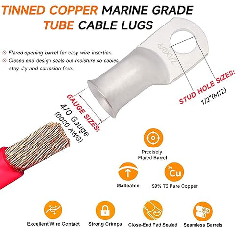 0000 Gauge Tinned Copper Cable Lugs 8 PCS 4/0 AWG-1/2(M12) Ring Terminal Heavy Duty Wire Lugs Battery Lugs, 8 PCS 4/0 Guage terminals Battery Cable Ends Connectors with 8 PCS 3:1 Heat Shrink Tube
