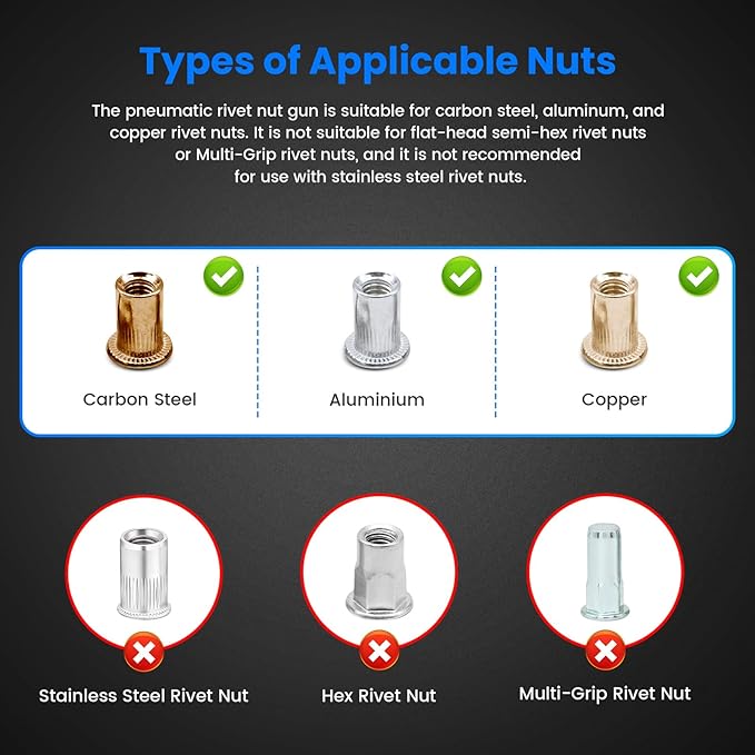 Pneumatic Rivet Nut Gun Kit with 11PCS 1/4 & 5/16 & 3/8 Mandrels, Industrial Grade Air Rivnut Tool Set with Self-Locking Head Gun, Air Riveter Nut Gun for Threaded Nutsert Insert Installation