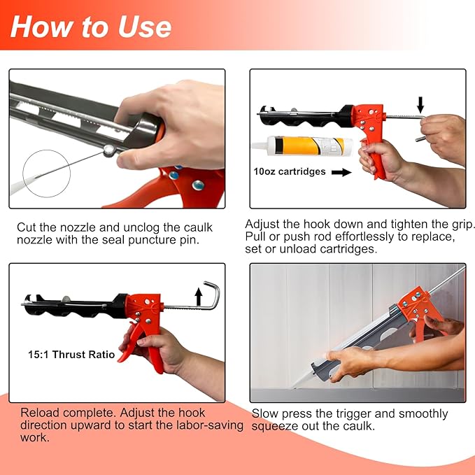 Caulk Gun, No Drip Silicone Caulking Gun,Hand Caulking Gun with Comfort Grip and 360° Rotary Design, 15:1 Thrust Ratio Caulk Guns, Smooth Round Rod for 10oz Caulk Tubes, Ideal for Tiles, Window Joints