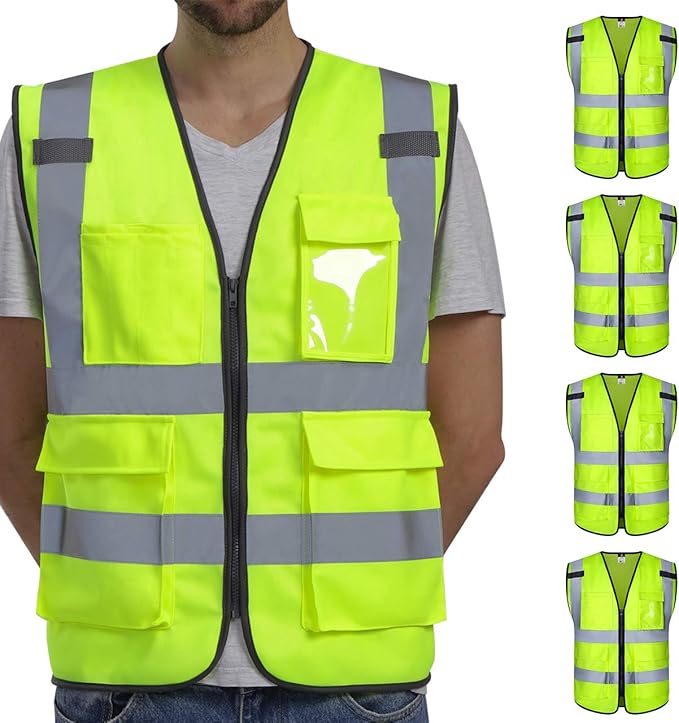 Dib Safety Vest Reflective ANSI Class 2, High Visibility Vest with Pockets and Zipper, Hi Vis Yellow 5 Pack M