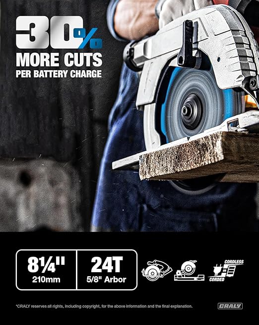 CRALY 8-1/4 Inch 24 Teeth Wood Cutting Framing Circular Saw Blade, 5/8 Inch Arbor, Carbide Tipped, Thin Kerf, Black Ice™ Coating, for Plywood, MDF, OSB, Laminated(C0824FR)