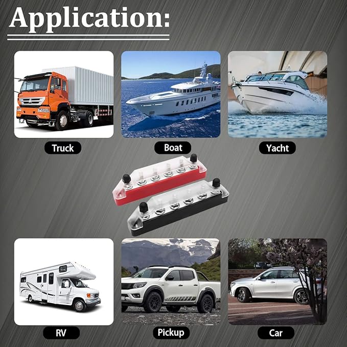 (Red+Black) Power Distribution Terminal Block with Cover with 6 x 1/4” (M6) Post,Battery 12V Bus Bar with Ring Terminals for Car Boat Marine