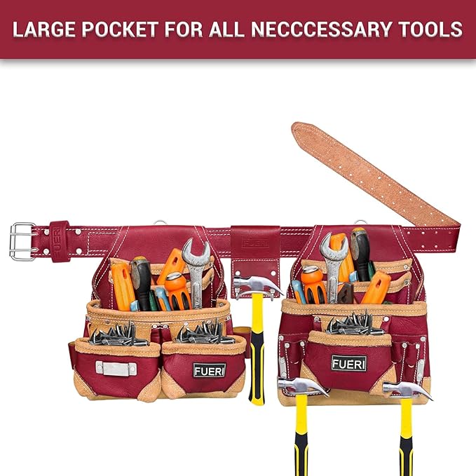 FUERI Leather Tool Belt Suspenders for Carpenters Construction Electricians Framers Bags Pouches Holder Organizer Set(16 Pocket Maroon Tool Belt Set, Adjustable)