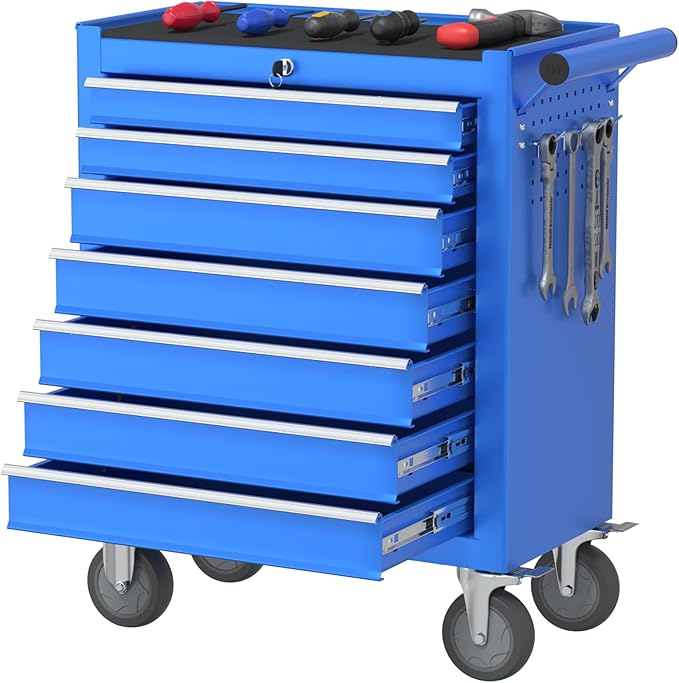 7 Drawers Large Capacity Rolling Tool Chest, Metal Tool Box with Wheels and Drawers, Tool Storage Cabinet with Keyed Locking, Tool Organizer Box for Garage, Workshop, Warehouse (Blue)