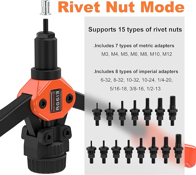 Dual-Function Rivet Nut Tool Rivet Gun Kit Including 405 pcs Rivet Nuts Blind Rivets 15 Mandrels 5 Rivet Nozzles, Multi-Purpose