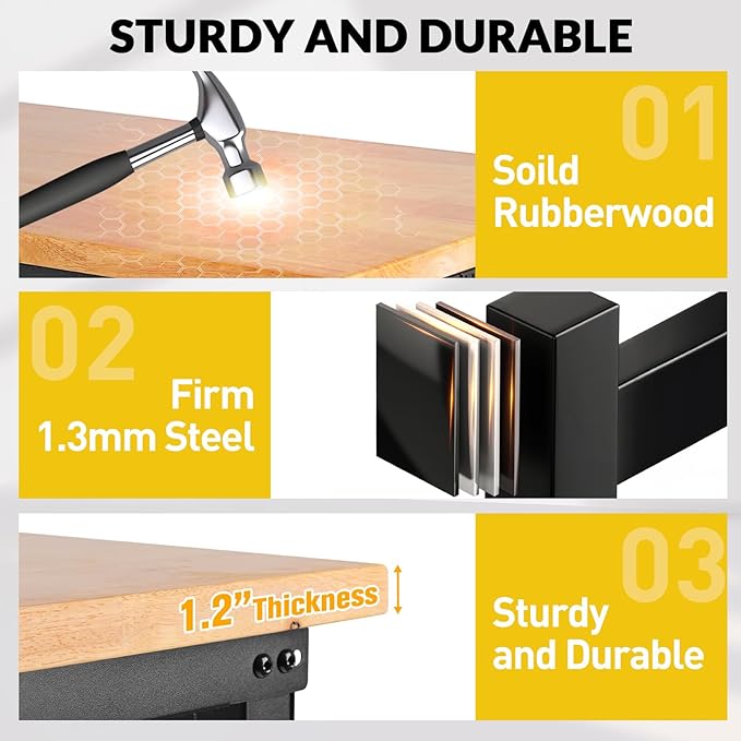 48" Workbench for Garage with Drawers Rubberwood Tabletop Work Table with Pegboard, Power Outlets Adjustable Height Work Bench for Office, Woodworking Shop, Home