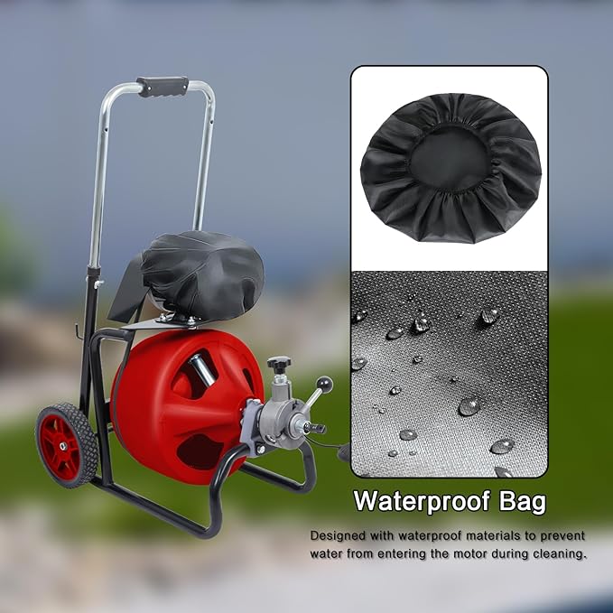 50FT x 3/8 inc Electric Drain Cleaner Machine, Auto-Feed Sewer Snake Auger for 1-1/4" to 2" Pipes, Portable Plumbing Snake with Foot Switch and 8 Cutter Heads for Sink, Bathtub & Shower Clogs