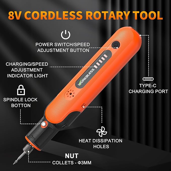 8V Cordless Rotary Tool Kit with 103pcs Accessories, USB-C Charging, 5-Speed 25000RPM mini cordless rotary tool， Power Rotary Tool for Engraving, Sanding, Drilling, Polishing, DIY Crafts
