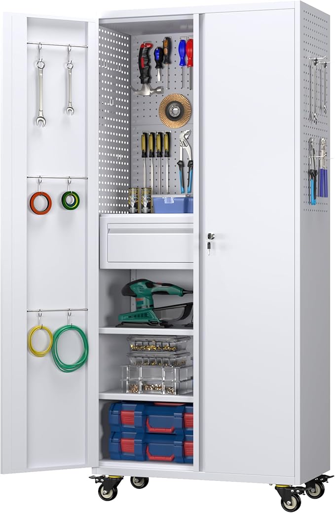 Aobabo Metal Storage Cabinet with Wheels and 1 Interior Drawer, Steel Rolling Tool Cabinet with 16 Hooks and 2 Adjustable Shelves for Garage, Home, Office, Kitchen Assembly Required, White