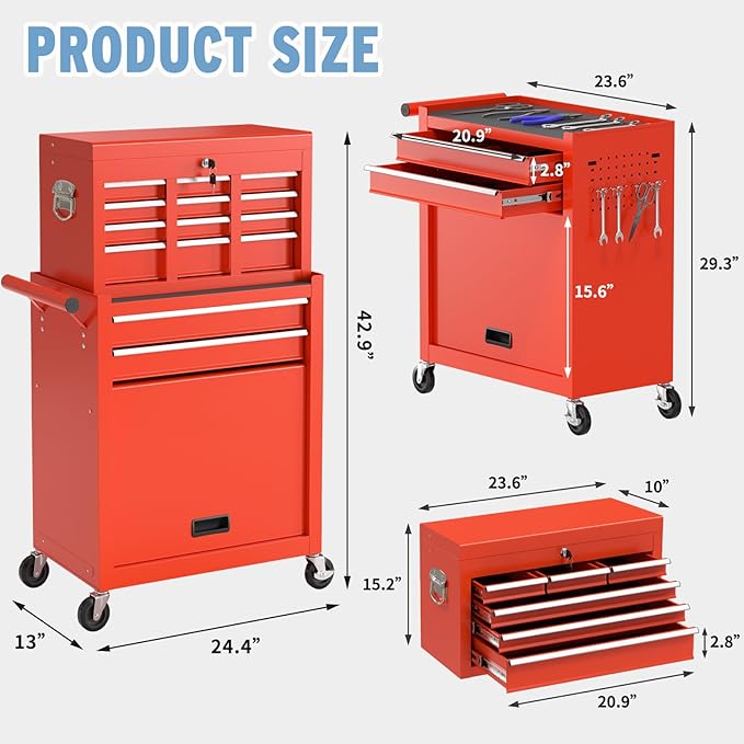 8 Drawer High Capacity Rolling Tool Chest, Tool Box with Wheels and Drawers, Detachable Toolbox with Lock, Heavy Duty Metal Tool Cabinet for Workshop, Warehouse and Garage (Red)