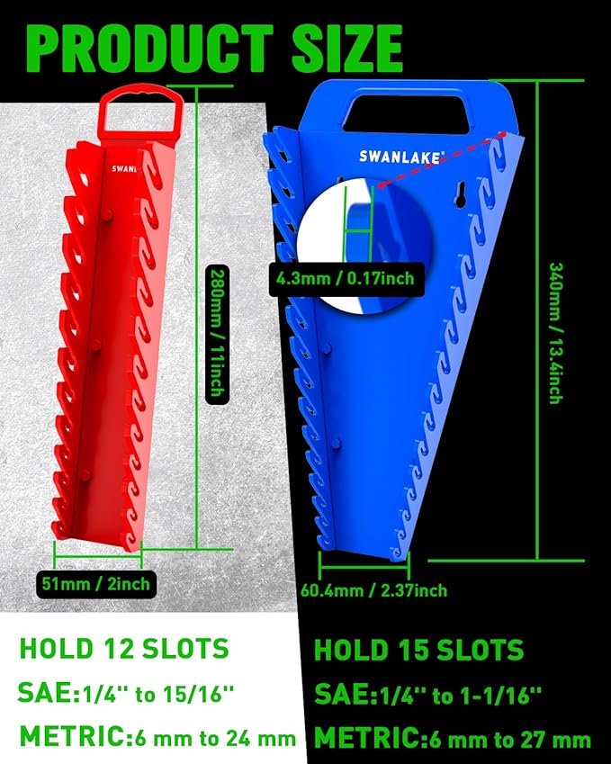 SWANLAKE 4-Pack Magnetic Wrench Organizer Toolbox Holder, 2PCS 15-Slot and 2PCS 12-Slot Wrench Organizers, SAE & Metric Ratchet Holders for Tool Box