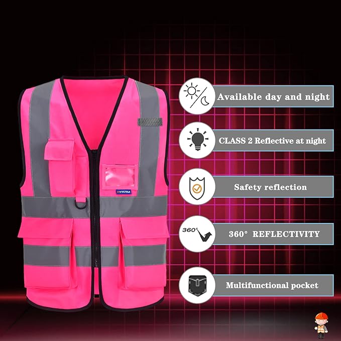 A-SAFETY XSmall Pink High Visibility Vest,Reflective Safety Vest Workwear 7 Pockets Hi Vis Durable Vest,X-Small