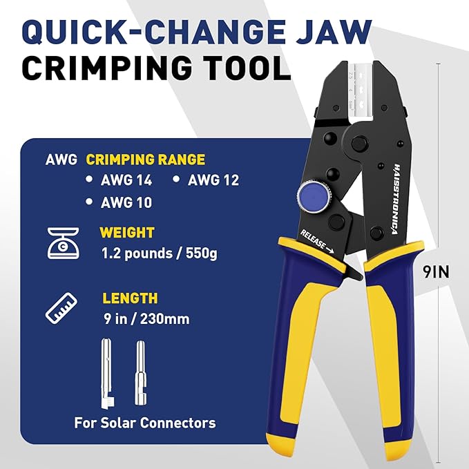 haisstronica Quick Change Jaws Crimping Tool for Solar Connectors AWG 14-10 Ratcheting Wire Crimper & Terminals - H3